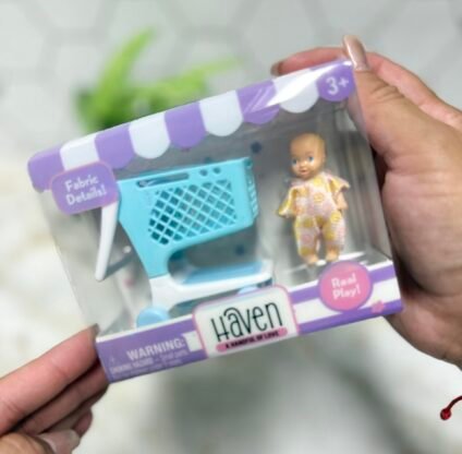 Haven 2-inch mini baby doll with pink playpen accessory for imaginative play