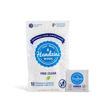 Close-up of Handzies Soap + Water Wipes packaging, showcasing the biodegradable and alcohol-free wipes.