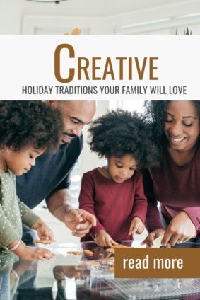 A family decorating festive holiday cookies together on a kitchen counter, with colorful icing and sprinkles.