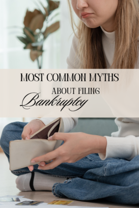 Woman looking upset while holding an empty wallet, scattered credit cards and documents on the floor, highlighting the topic of common myths about filing bankruptcy