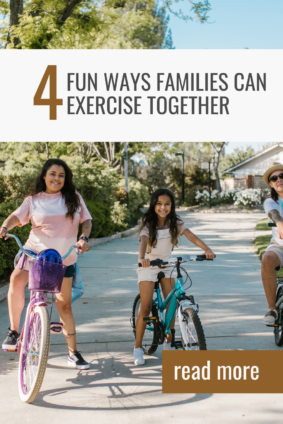 Mom and daughter enjoy a fun bike ride together on a scenic park path, promoting outdoor family exercise and healthy lifestyle activities. Discover four fun ways families can stay active together!