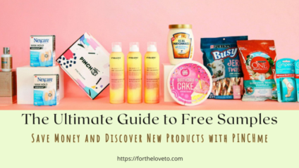 A colorful assortment of products including skincare, snacks, and household items, alongside a PINCHme box, showcasing the variety of free samples available through PINCHme