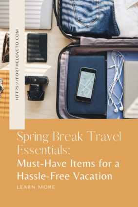 An organized suitcase with tech gadgets, travel gear, and essentials for the perfect spring break trip. Find the ultimate packing guide on fortheloveto.com!