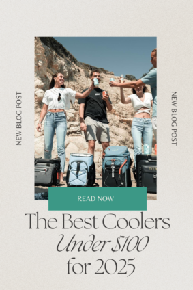 A group of four friends at a beach, standing in front of a rocky cliff, holding drinks and smiling, with four portable coolers lined up in front of them. The text overlay reads 'New Blog Post' on the sides and 'The Best Coolers Under $100 for 2025' at the bottom.