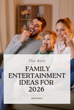 A happy family enjoying a cozy movie night at home, sharing popcorn and smiles. Exploring new and exciting family entertainment ideas for 2026 can create unforgettable moments together, from movie nights to interactive experiences.