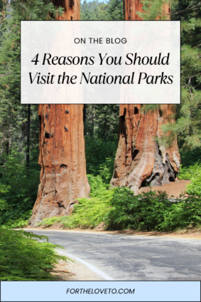 A scenic road winding through towering sequoia trees in a national park. Overlaid text reads: '4 Reasons You Should Visit the National Parks' - fortheloveto.com