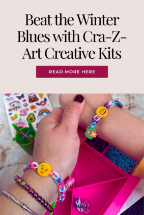 Colorful handmade bracelets created with Cra-Z-Art creative kits, featuring fun emoji and beaded designs for kids' winter activities.