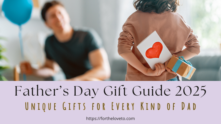 Young child hiding a Father’s Day gift and heart card behind their back while approaching dad, promoting unique gift ideas for Father’s Day 2025 on fortheloveto.com