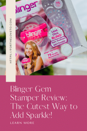 Blinger Gem Stamper review pin showcasing starter kit with rhinestones and sparkle styling tool for kids
