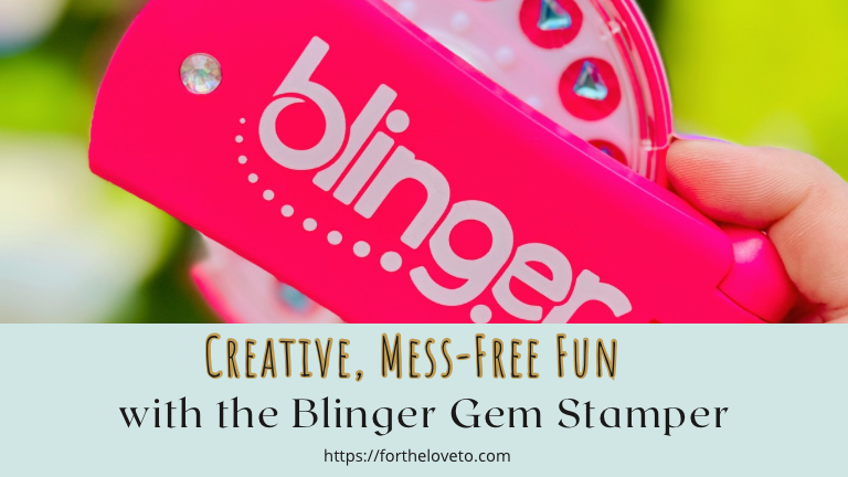 Blinger Gem Stamper tool in pink with text overlay promoting mess-free fun