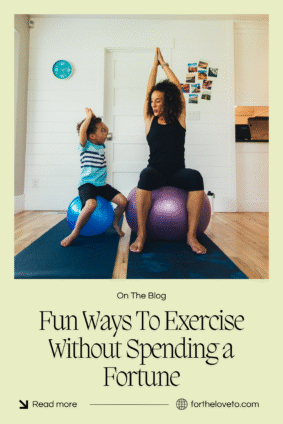 Mother and young son exercising on yoga balls at home, promoting fun and affordable family fitness.