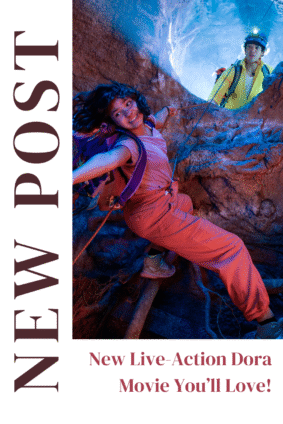 Promotional poster for "Dora and the Search for Sol Dorado" featuring teen Dora exploring a glowing cave in the live-action movie.
