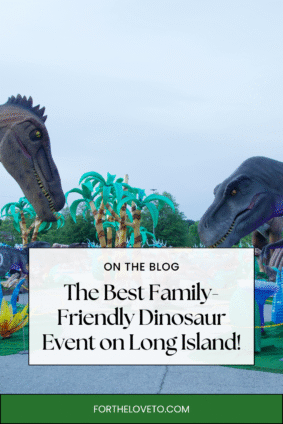 Colorful animatronic dinosaurs at LuminoCity Dino Safari Long Island with text overlay promoting the best family-friendly dinosaur event.