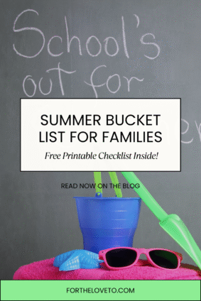 Free printable summer bucket list for families with beach toys and school’s out message