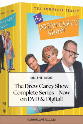 Promotional Pinterest pin featuring The Drew Carey Show: The Complete Series DVD box set with overlay text announcing it's now available on DVD and Digital. Blog link fortheloveto.com is included.