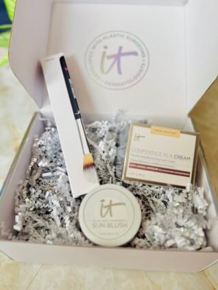 IT Cosmetics PR package featuring Confidence in a Cream, Sun Blush, and Heavenly Luxe Blush Brush in white gift box.