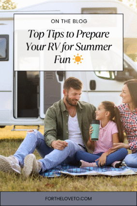 Family enjoying time outside their RV during a summer road trip