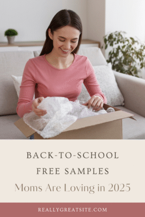 Smiling mom opening a cardboard box filled with bubble wrap, showcasing back-to-school free samples from PINCHme for 2025.