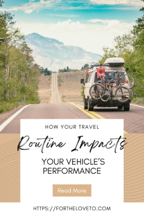 Van on scenic road with bikes, illustrating how travel routine impacts vehicle performance