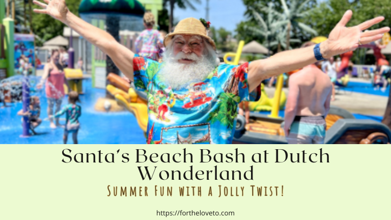 Santa Claus in beachwear welcoming guests to Santa’s Beach Bash at Dutch Wonderland, a summer holiday event with foam parties and family fun in Lancaster, PA.