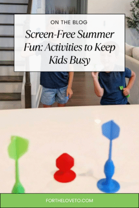 Two kids playing the Popdarts Rookie suction cup dart game indoors with text overlay reading “Screen-Free Summer Fun: Activities to Keep Kids Busy.