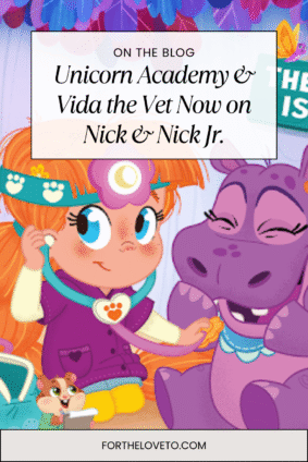 Vida the Vet cartoon character using stethoscope with friendly hippo patient — promoting Nickelodeon’s new July lineup featuring Unicorn Academy and Vida the Vet on Nick Jr.