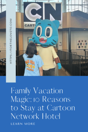 Child meeting Gumball character inside Cartoon Network Hotel Lancaster PA, a kid-friendly family vacation spot.