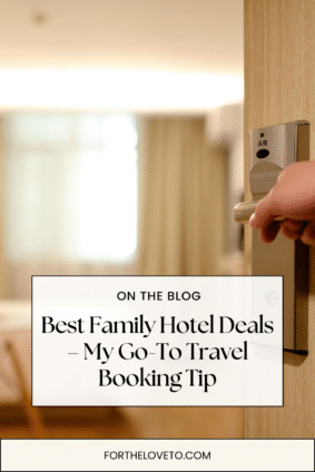 Hand opening a hotel room door with blurred background; text overlay says “Best Family Hotel Deals – My Go-To Travel Booking Tip” – travel savings advice for families on a budget.
