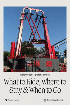 Red thrill ride at Hersheypark called Twizzler Twister with text overlay about what to ride, where to stay, and when to go — Hersheypark tips for families.
