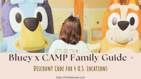 Child meeting Bluey and Bingo characters at Bluey x CAMP with family guide and discount code overlay.