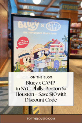 Bluey x CAMP poster with blog title overlay about saving $10 in NYC, Philly, Boston, and Houston.
