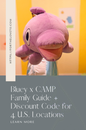 Bluey x CAMP family guide graphic with discount code details for four U.S. locations.