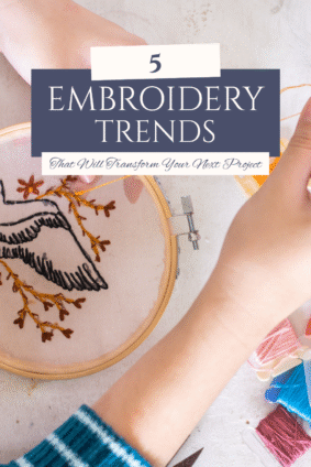 Embroidery hoop with bird and floral design using bright threads – creative embroidery trend inspiration