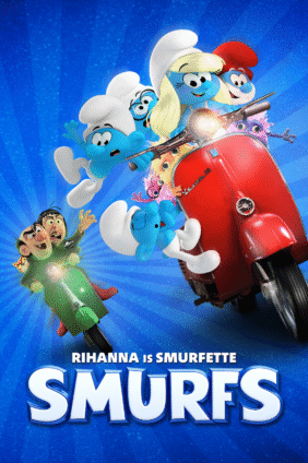 The Smurfs movie poster featuring Smurfette, Papa Smurf, and the gang on a high-speed scooter chase. Animated family adventure now available on Digital – perfect for kids and parents to watch together.