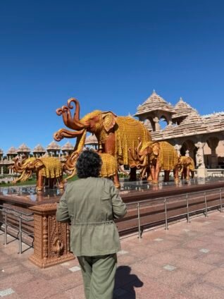 Golden elephant statues at BAPS Shri Swaminarayan Mandir Robbinsville NJ symbolizing tradition and wisdom.