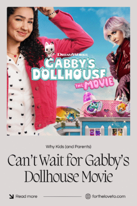 Pinterest graphic for Gabby’s Dollhouse: The Movie featuring Gabby smiling with cat ears, Vera in a leather jacket, and colorful cat characters on a dollhouse rooftop. Text overlay reads: “Why Kids (and Parents) Can’t Wait for Gabby’s Dollhouse Movie.” Designed to attract parents searching for family movie guides.