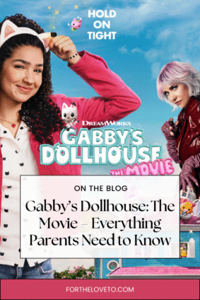 Pinterest graphic for Gabby’s Dollhouse: The Movie featuring Gabby smiling with cat ears, Vera in a leather jacket, and colorful cat characters on a dollhouse rooftop. Text overlay reads: “Why Kids (and Parents) Can’t Wait for Gabby’s Dollhouse Movie.” Designed to attract parents searching for family movie guides.