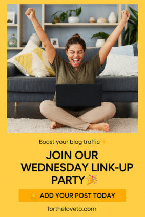 A smiling young woman sits cross-legged on a rug with her laptop, raising her arms in excitement. The pin text promotes a Wednesday Link-Up Party with the headline “Boost your blog traffic – Join our Wednesday Link-Up Party” and a bold call-to-action button that says “Add Your Post Today