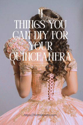 Back view of quinceañera girl in pink and gold gown holding bouquet — DIY quinceañera ideas and celebration style