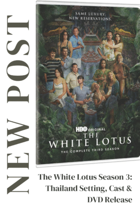 The White Lotus Season 3 DVD cover featuring ensemble cast in Thailand – promotional graphic for blog post about cast, setting, and DVD release