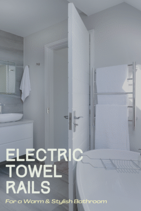 Modern bathroom with white walls and chrome electric towel rail holding fresh towels – a stylish upgrade for warmth and comfort.