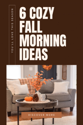 Cozy fall morning setup with pumpkins, pinecone, and coffee on a rustic table in a warm living room.