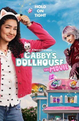 Official Gabby’s Dollhouse: The Movie poster featuring Gabby, Vera, and the cat characters above a pink-roofed dollhouse. Bold text announces “Gabby’s Dollhouse: The Movie.” Whimsical design highlighting the September 26 theater release.