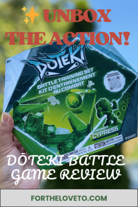 Pinterest pin featuring the Dōteki Battle Game Organika Cypress training set with festive overlay text “Unbox the Action! – Dōteki Battle Game Review” from fortheloveto.com.