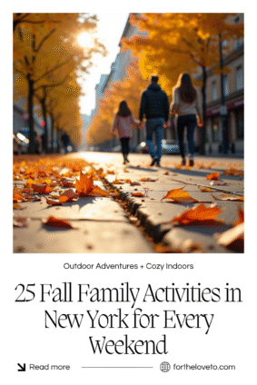 A family walking hand-in-hand down a New York City street lined with golden fall leaves — highlighting 25 fall family activities and cozy indoor ideas across NY.