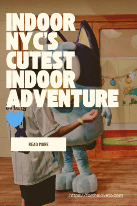 Child meeting Bluey at CAMP NYC — a fun indoor adventure for families exploring the Bluey x CAMP NYC fall family experience.