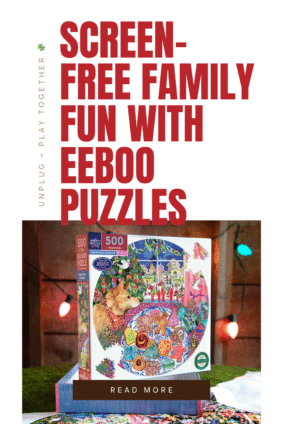 A festive close-up of eeBoo’s Christmas Cookies 500-piece round puzzle box displayed on a cozy holiday table with colorful lights, inspiring screen-free family fun and eco-friendly gift ideas for the season.