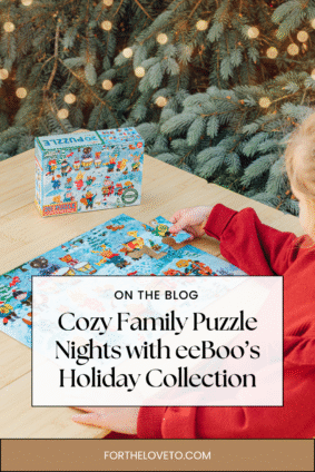 A child works on a winter-themed eeBoo puzzle at a wooden table with holiday lights in the background, highlighting cozy family puzzle nights and eco-friendly fun.