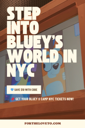Screenshot of Bluey show display at CAMP NYC indoor experience promoting family tickets with $10 off code.