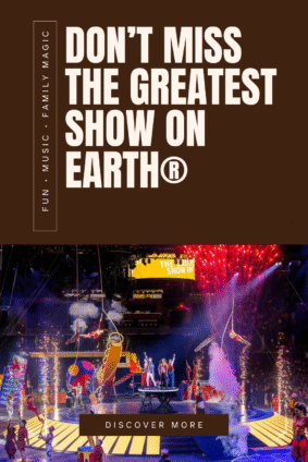 Don’t miss The Greatest Show On Earth® – Pinterest graphic showing colorful circus performers from Ringling Bros. and Barnum & Bailey® with fireworks and acrobats under bright lights.